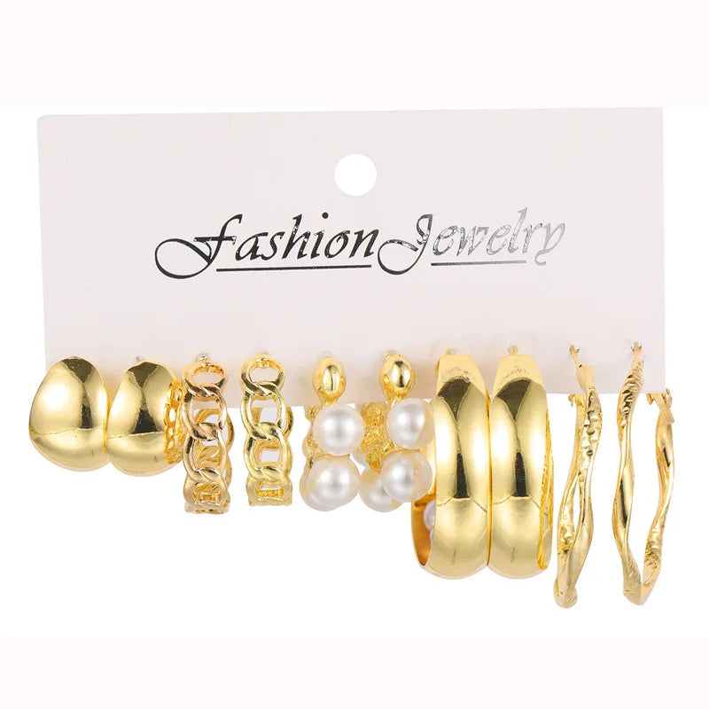 Vintage Geometric Square Shape Hoop Earrings Sets Pearl Hollow Twisted Hoops Women Earring Fashion Jewelry