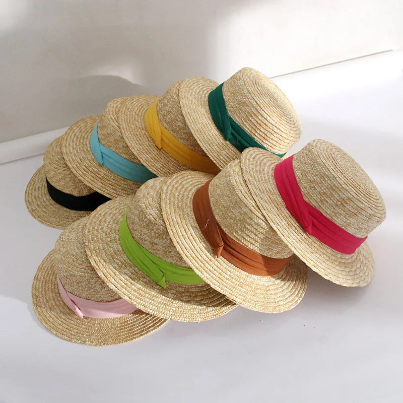 Summer Fashion Hot Sale Women Flat Top Straw Hat With Ribbon Female Sun Beach Caps for Travel Holiday