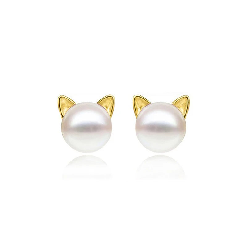 8mm 925 Sterling Silver Cute Cat Earrings Women Jewelry Ear Studs Pearl Earrings
