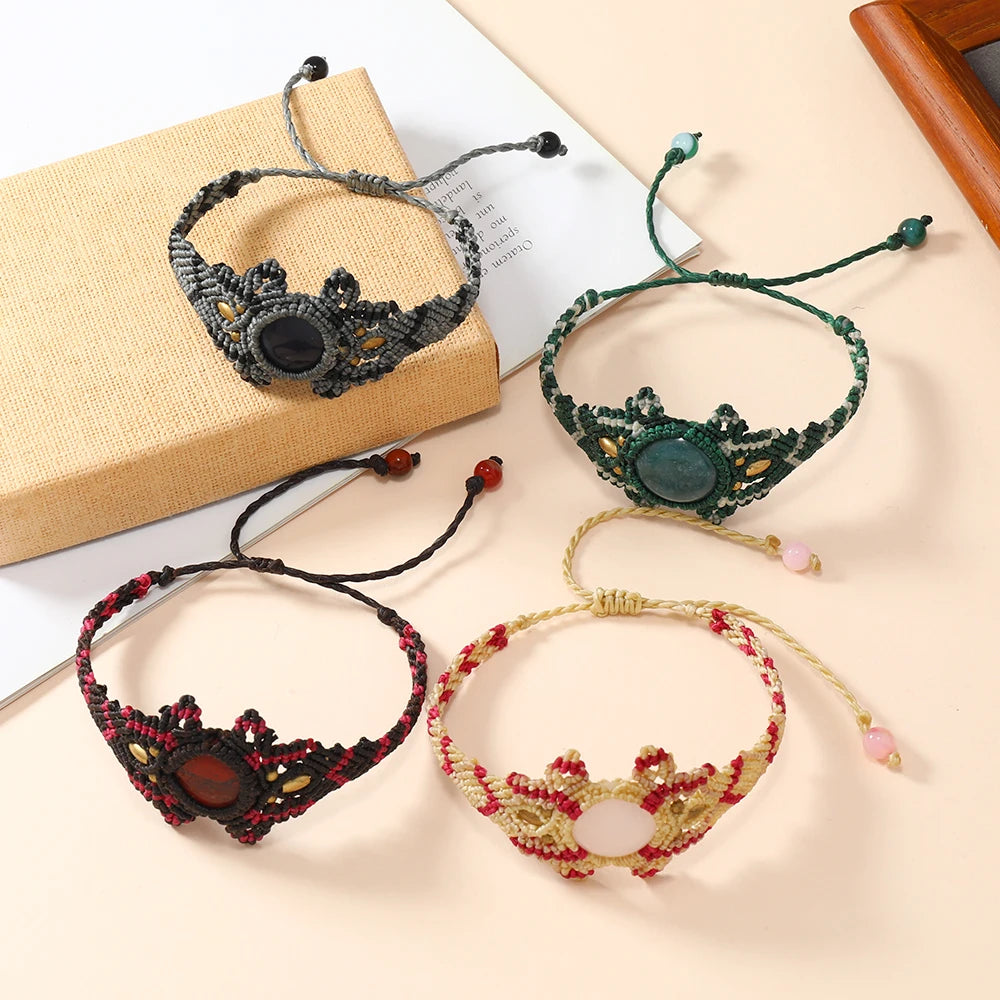 Custom Handmade Macrame Woven Bracelet Natural Gemstone Agate Stone Trendy Adjustable Wrist Wrap Adjustable Pulseras