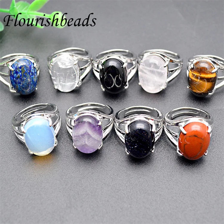 Fashion Woman Man Jewelry Natural Stone Lapis Crystal Onyx Tiger Eye Amethyst 13x18mm Oval Cabochon Adjustable Gemstone Rings