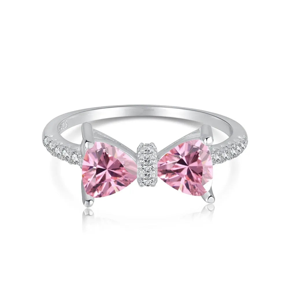 Dylam Pink Heart Wedding Band Sparkling 5A Cubic Zirconia Ring Bow S925 Sterling Silver Ring for Women Birthday Gift
