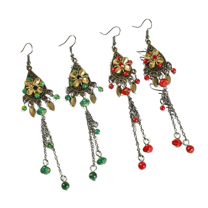 Antique Bronze Plating Flower Dangle Earrings Hot Selling Ethnic Style Vintage Bohemian Metal Tassel Drop Weddings Gifts Alloy
