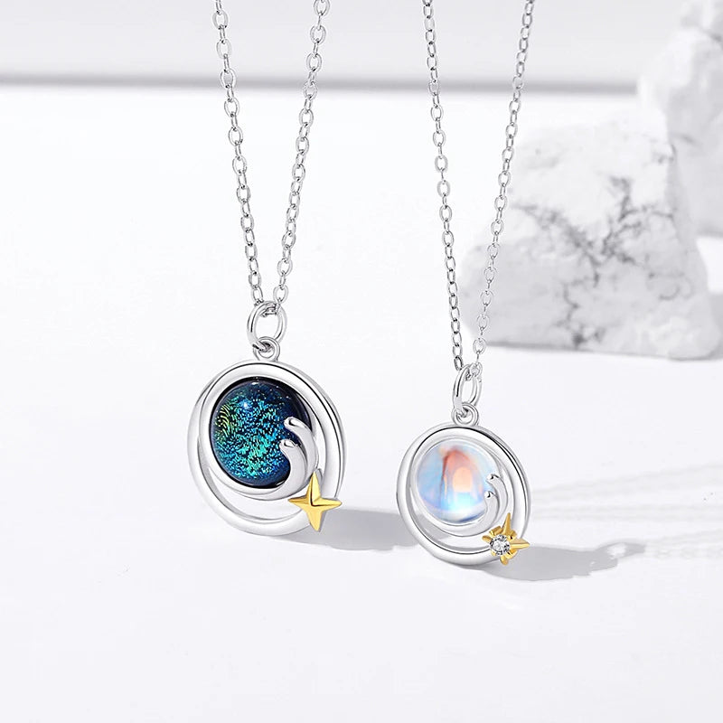 Meteor 925 Silver Synthetic Moonstone Crystal Star Trendy Jewelry Rhodium Plated Couple Necklace for Engagement Wedding Party