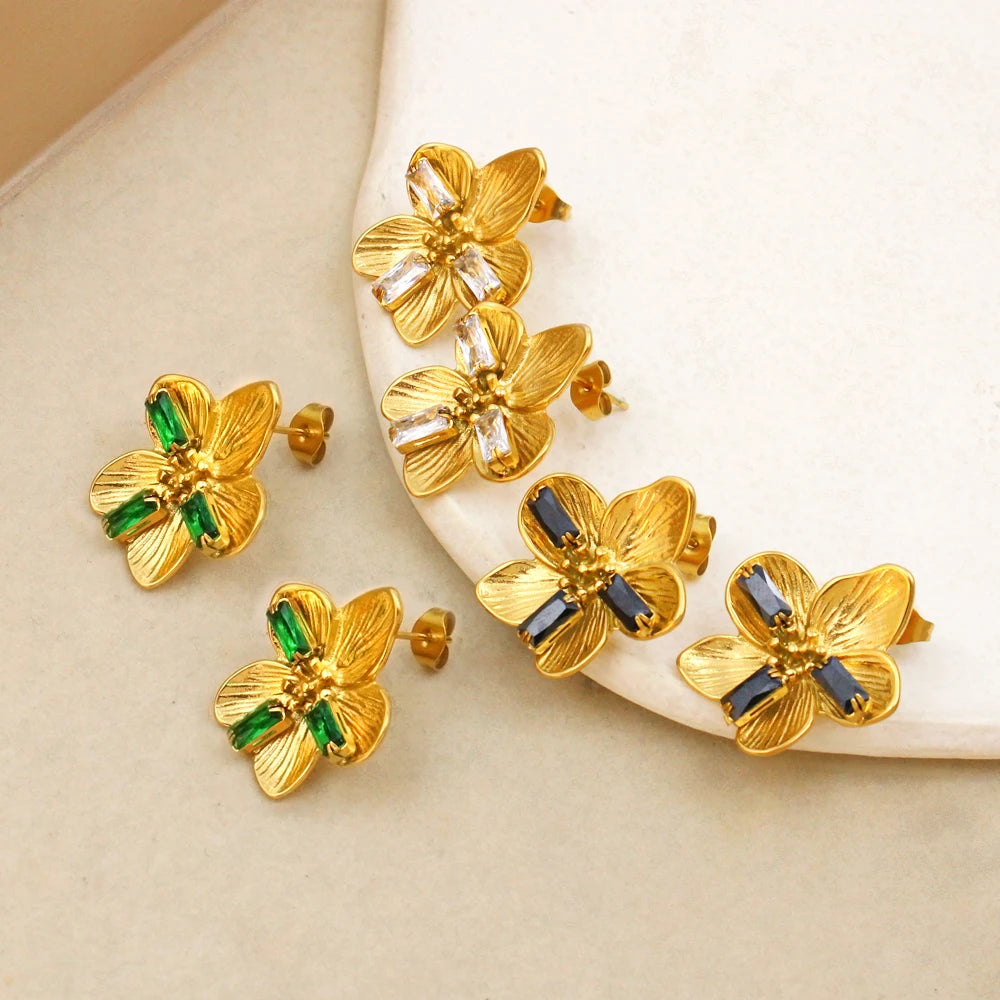 3A CZ Inlaid Flower Stainless Steel Ear Stud Stylish Women 18k Gold Plated Earrings Daily Wear LOW MOQ