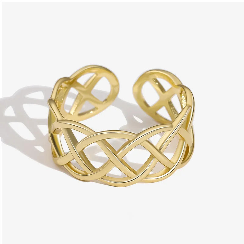 Gold Jewelry 18k Gold Plated Wide 925 Sterling Silver Hollow Chain Twist Opening Ring Wide Infinity Rings