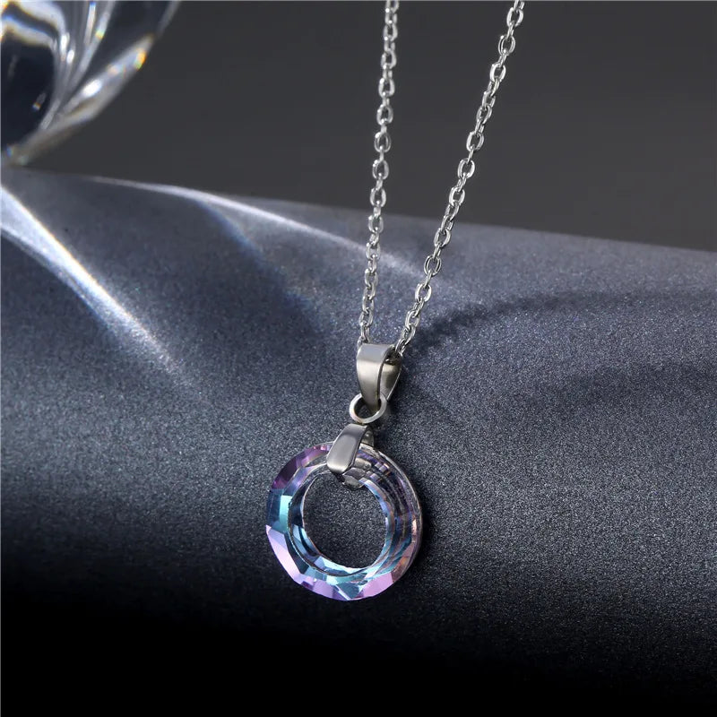 Women Elegant Necklace Jewelry 45cm Stainless Steel Diamond Round Hoop Crystal Pendant Necklace Ce Factory Supply
