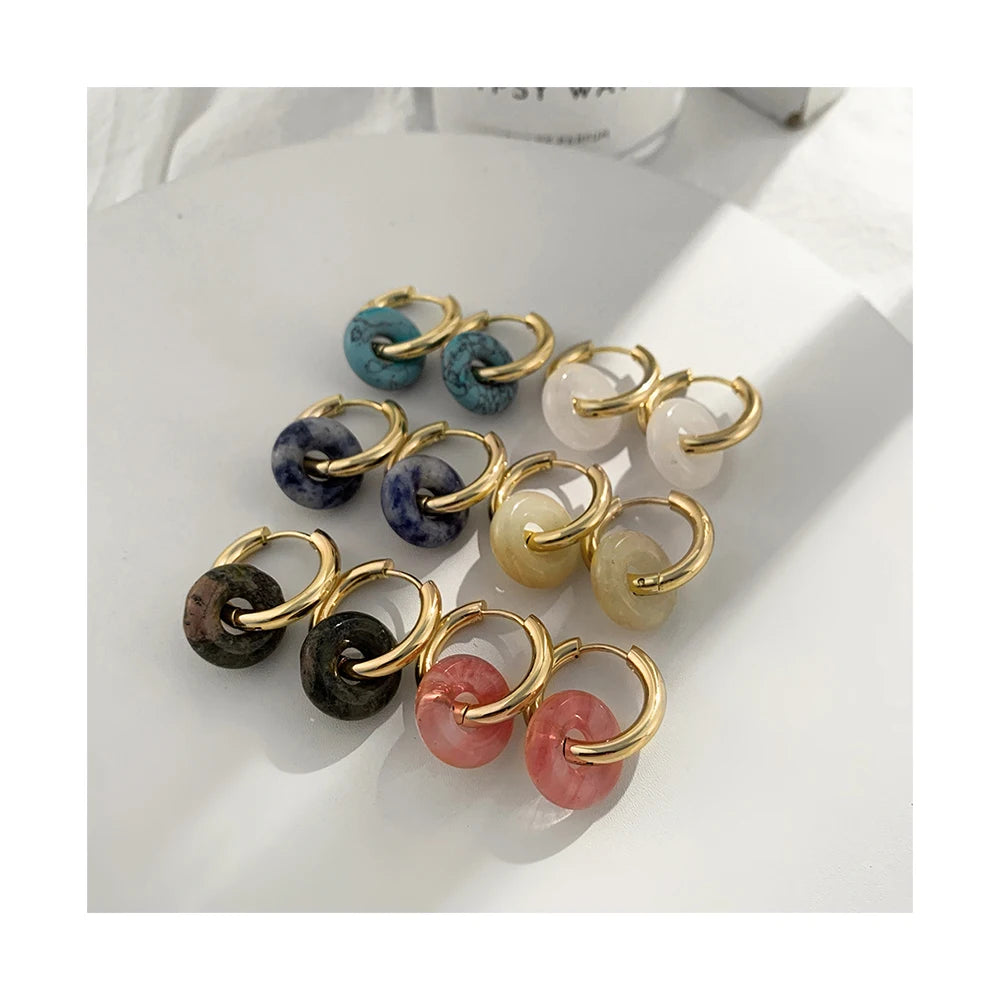 Hypoallergenic Waterproof Jewelry Stainless Steel 18K Gold Plated Turquoise Natural Stone Statement Hoop Earrings YF2852