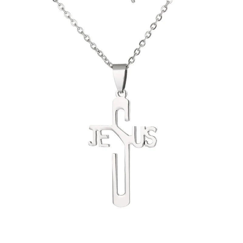 Stainless Steel Christian Cross God Jesus Faith Religious Prayer Church Baptizing Statement Pendant Necklace
