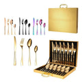 Hot Selling Stainless Steel Silverware Cutlery 24 Pcs Set Gold Wooden Box Knife Fork and Spoon Gift Box Cutlery Set