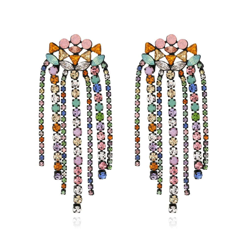 Statement Symmetrical Floral Earrings Vintage Long Colorful Claw Diamond Tassel Earrings for Women Girls