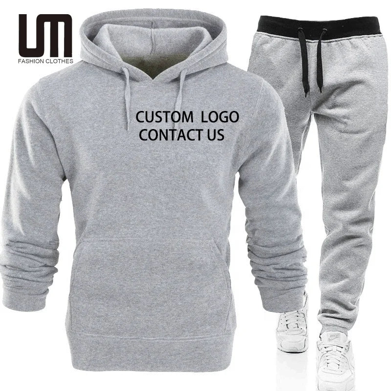 2025 New Custom Logo Men's Jogging Suit Set - Solid Color Hooded Sweatshirt & Sweatpants Tracksuit