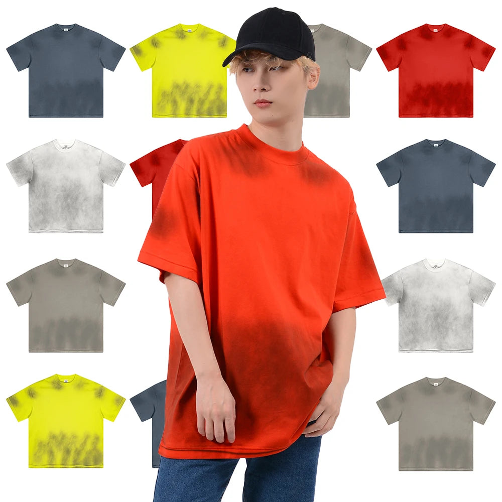 Wholesale Vintage Heavy Cotton T-Shirt 230 Gsm Sorona Stone Washed Crew Neck Oversized Fit Spray-Painted Design