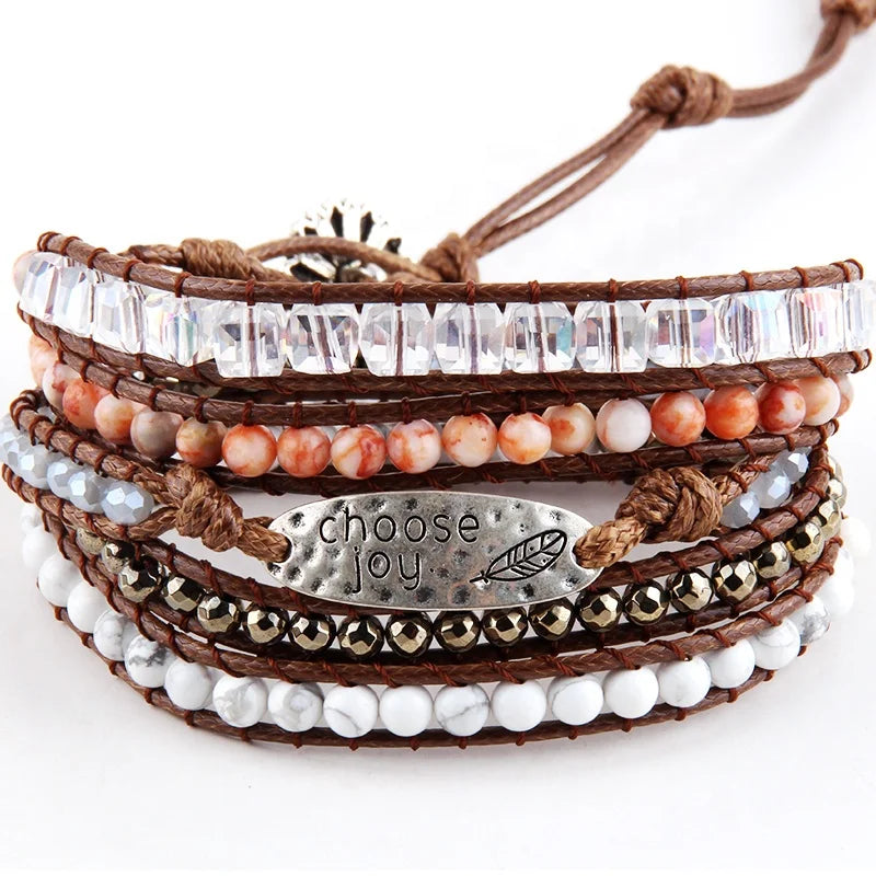 Women Natural White Howlite Chip Stone Square Crystal Glass Bead Bracelet Choose Joy Adjust Metal Bracelet Words 5 Wrap Bracelet