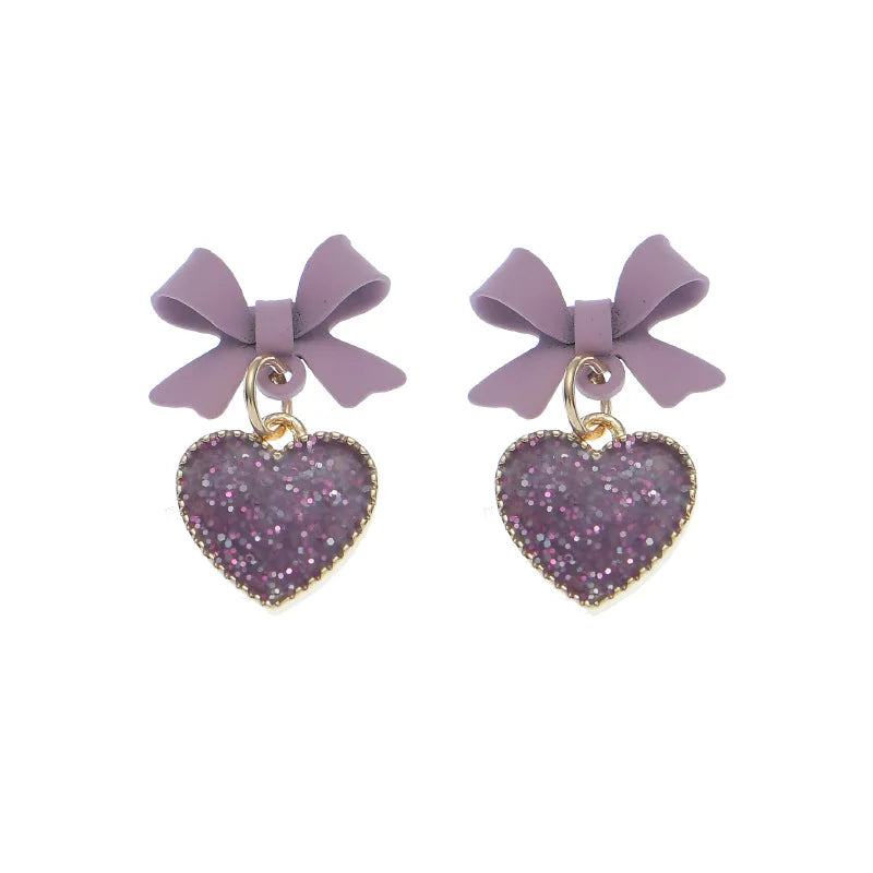 Sweet Girls Bow Knot Heart Shaped Stud Earrings 925 Silver Needle Pink Love Heart Drop Earrings for Gift