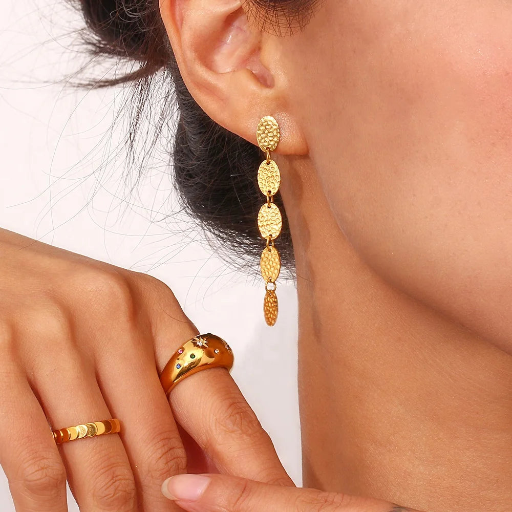 Dreamshow Dainty Hammered Leaf Shape Tassel Earring 18K Gold Plated Stainless Steel Statement Earrings