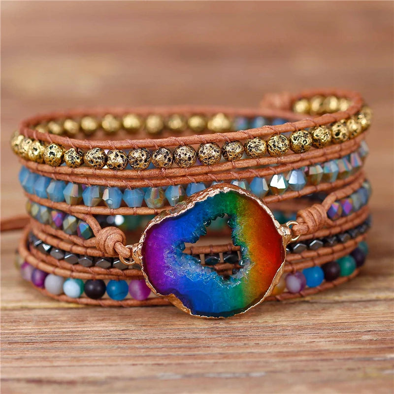 Boho Multi Color Agate Drusy Charm 5 Rows Gemstone Beads Wrap Bracelet Gemstone Leather Bracelet Wholesale Popular Jewelry
