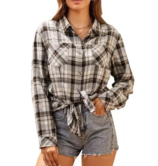 RNSHANGER Elegant Double Pocket Women's Shirt Street Wear Women Spicy Girl Loose Checkered Cardigan Long Sleeve Shirts