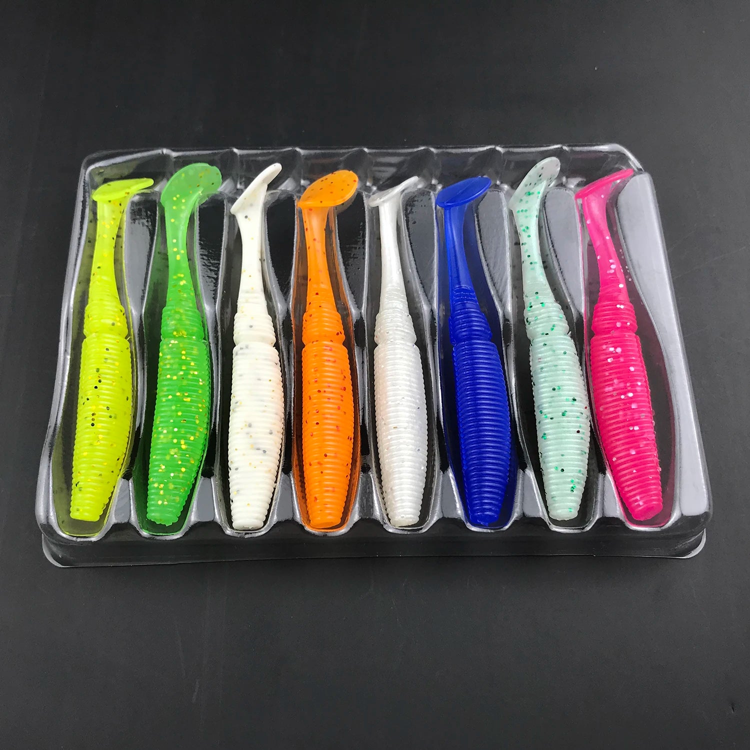 8pcs Fishing Lure 75mm 3.2g 8pcs Luminous Artificial Paddle Tail Soft Lure Fishing Baits Soft Worm Set