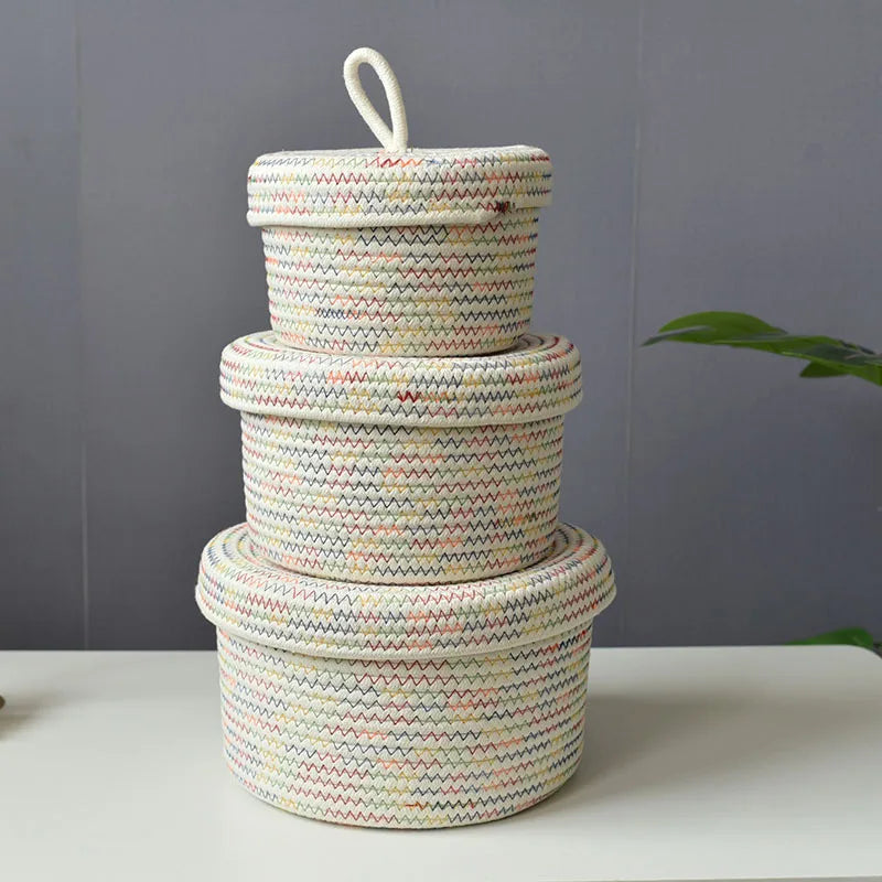 Modern Household Desktop Storage Organizer Cotton Rope Key Sundries Woven Storage Basket with Lid