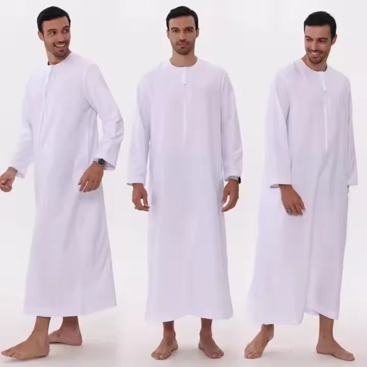 Wholesale Mens Plain White Islamic Thobe Breathable Loose Fit Muslim Arab Robe