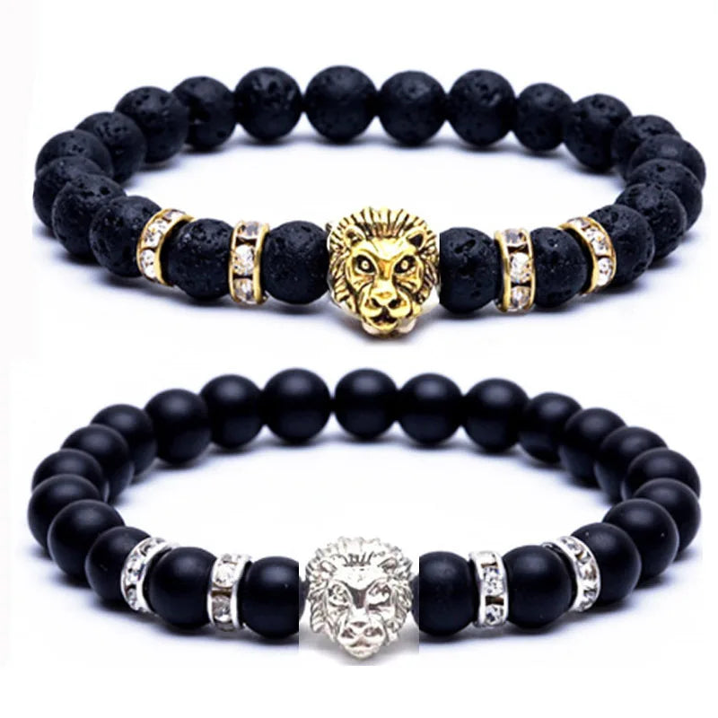 Hot Explosive 8mm Frosted Stone Leopard Head Bracelet Realistic Volcanic Stone Lion Head Elastic Bracelet for Men Women