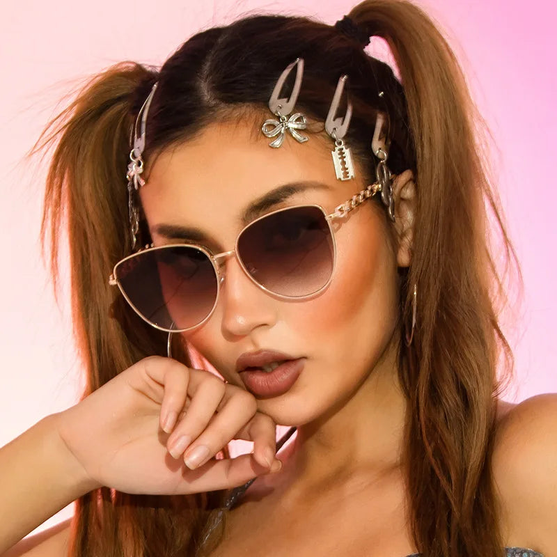 UNOC 2022 Ladies Cat Eye Sunglasses Trendy Vintage Gold Frame Large Acrylic New Personality Cat Eye China Sunglasses Metal Chain