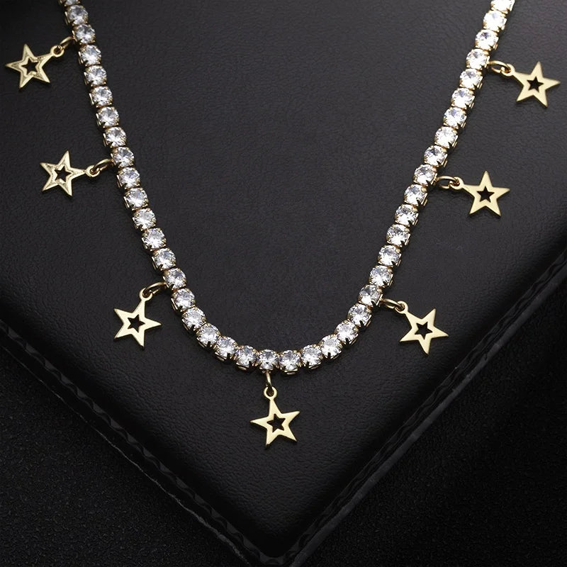 Foot Jewelry Gold Plated Stainless Steel Crystal CZ Tennis Chain Star Charm Anklet for Women