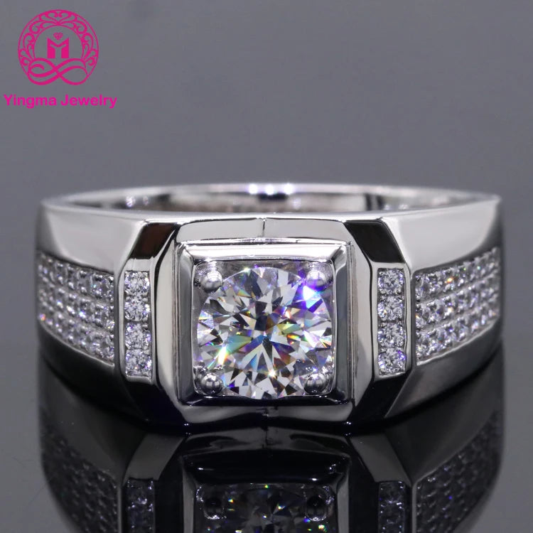 1 Carat Moissanite Ring Sterling Sliver 925 Men's Rings Luxury  White D VVS Clarify Good Quality Moissanite Mens Diamond Ring