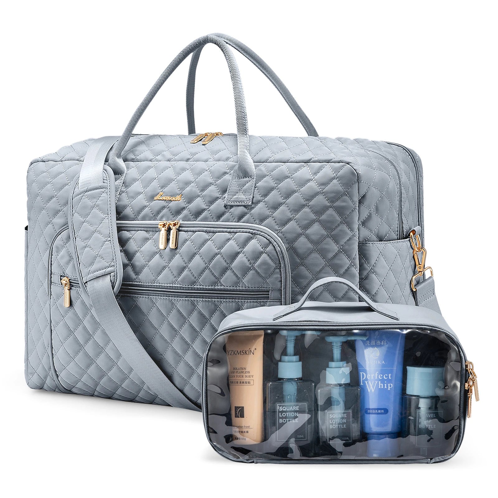 LOVEVOOK Fashion Quilted 2pc Overnight Weekender Bag With Wet Pocket Hiking Gym Bag for Travel Sports Camping Travel Duffel Bags