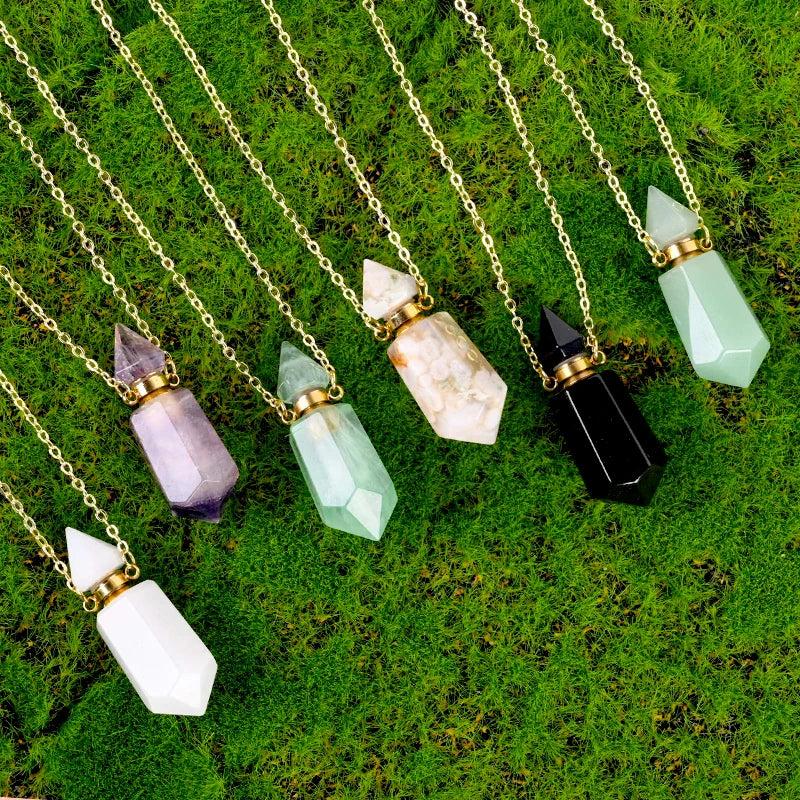 Natural Crystal Essential Oil Sub Bottle Necklace Crystal Hexagon Point Perfume Bottle Pendant MegaBDM