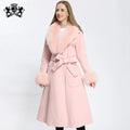 Celebrity High Fashion Winter Big Fox Fur Collar Trendy Belted Long Cashmere Wool Coat Women