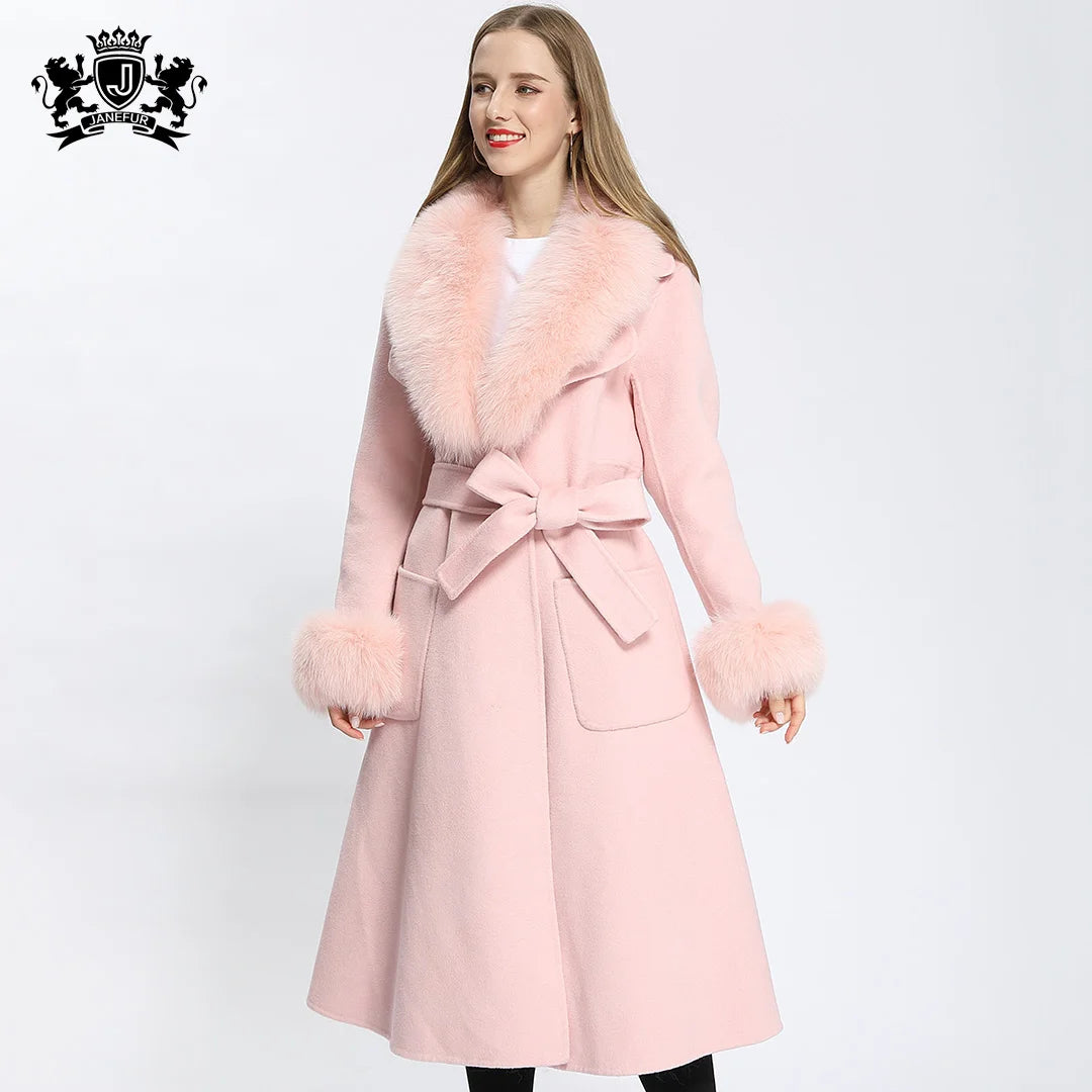 Celebrity High Fashion Winter Big Fox Fur Collar Trendy Belted Long Cashmere Wool Coat Women