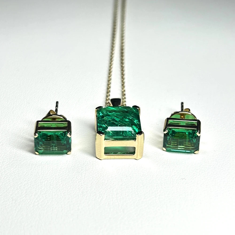 14k Yellow Gold Jewelry 10x12mm Green Lab Hydrothermal Colombian Emerald Stone Chain Pendant Necklace Earring Combination