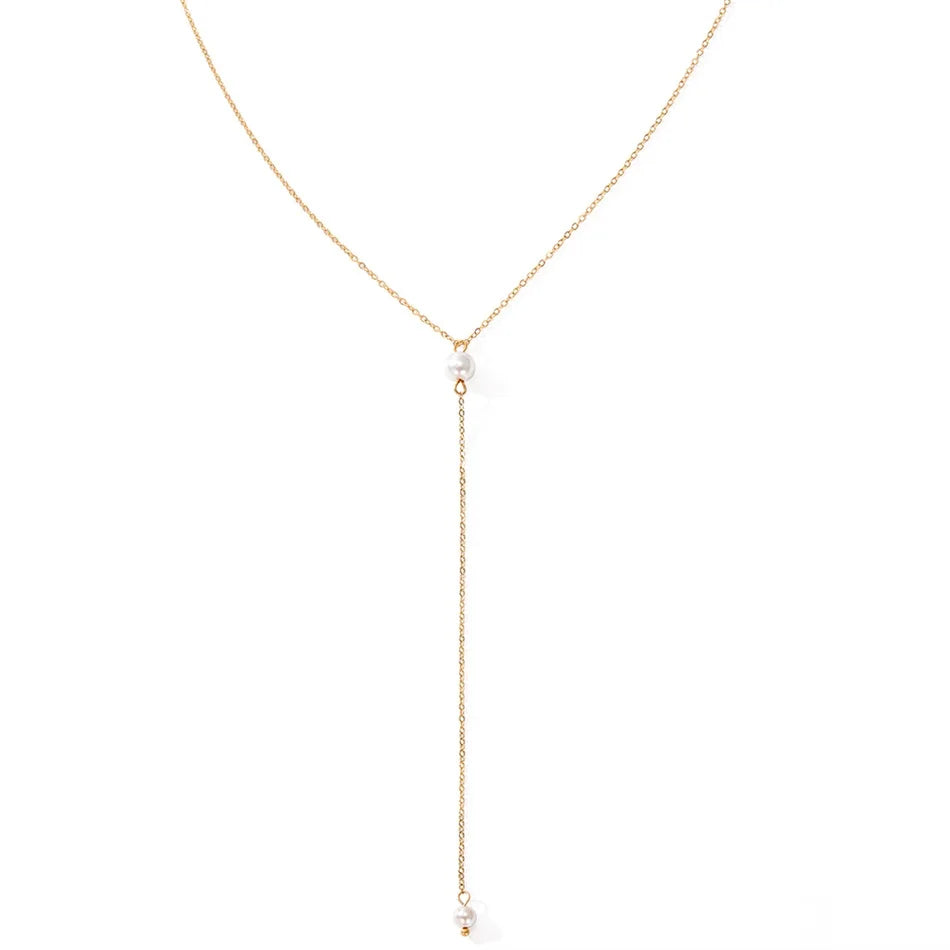 Stainless Steel 14K Gold Plated Long Necklace Imitation Pearl Pendant Titanium Steel Y Shaped Pearl Tassel Choker Link Chain