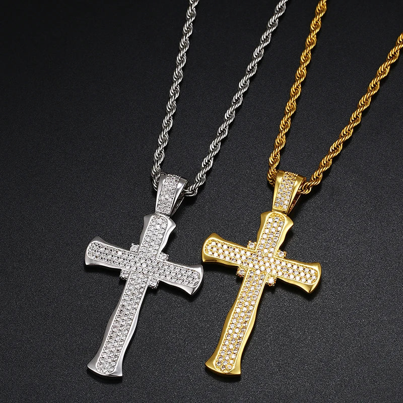 Prong Setting Cubic Zirconia Diamond Gold Plated Brass Hip Hop Jewelry Fashion Men Cross Design Male Necklace