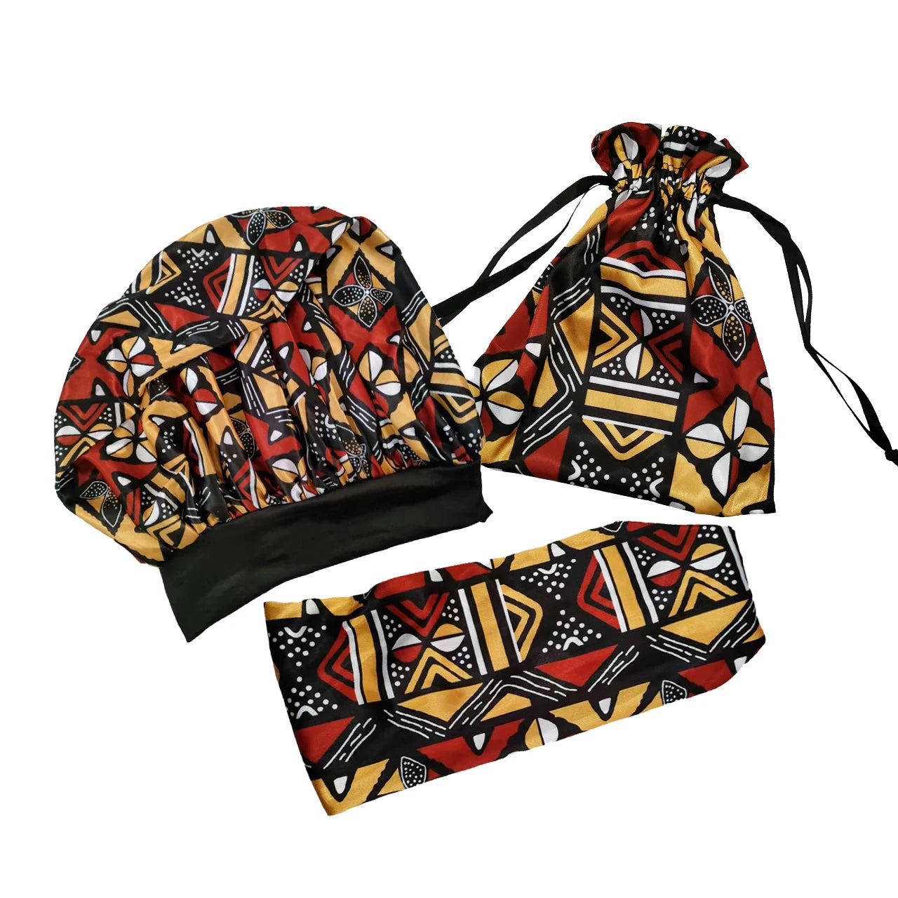 Custom African Pattern Bonnets Set for Women Silky Bonnet Silky Headband Silky Bag Set Custom Wide Band Bonnet with logo