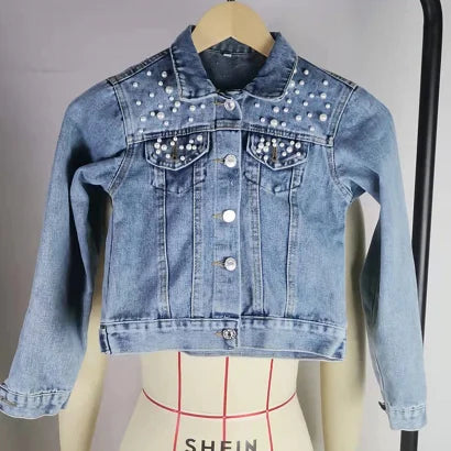 2022 Hot Sale Women Pearl Denim Jacket Kids Size Factory Wholesale Spring and Autumn Girl's Denim Coat