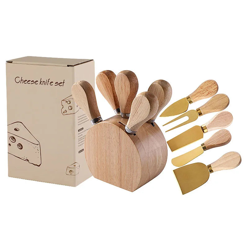 New Design 5 Pieces Gold Cheese Knife Set Wooden Handle Cheese Knife Fork Butter Knife with Wooden Holder