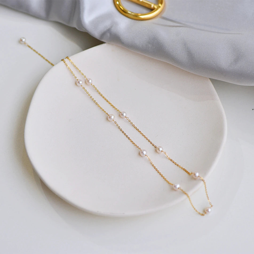 Handmade 14k  Gold Filled Korean Jewelry White Round Rice Pearl Vintage  Freshwater Pearl Necklace