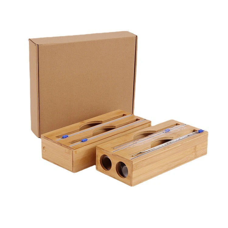 2022 New Design Kitchen Storage Rack Parchment Foil Dispenser Drawer 2 in 1 Bamboo Plastic Wrap Dispenser With Slide Cutter