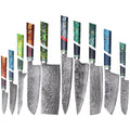 Factory Low MOQ 9-pcs Knife Set 67 Layers Damascus Steel VG10 Kitchen Knife Set with Colorful Composited Resin Handle