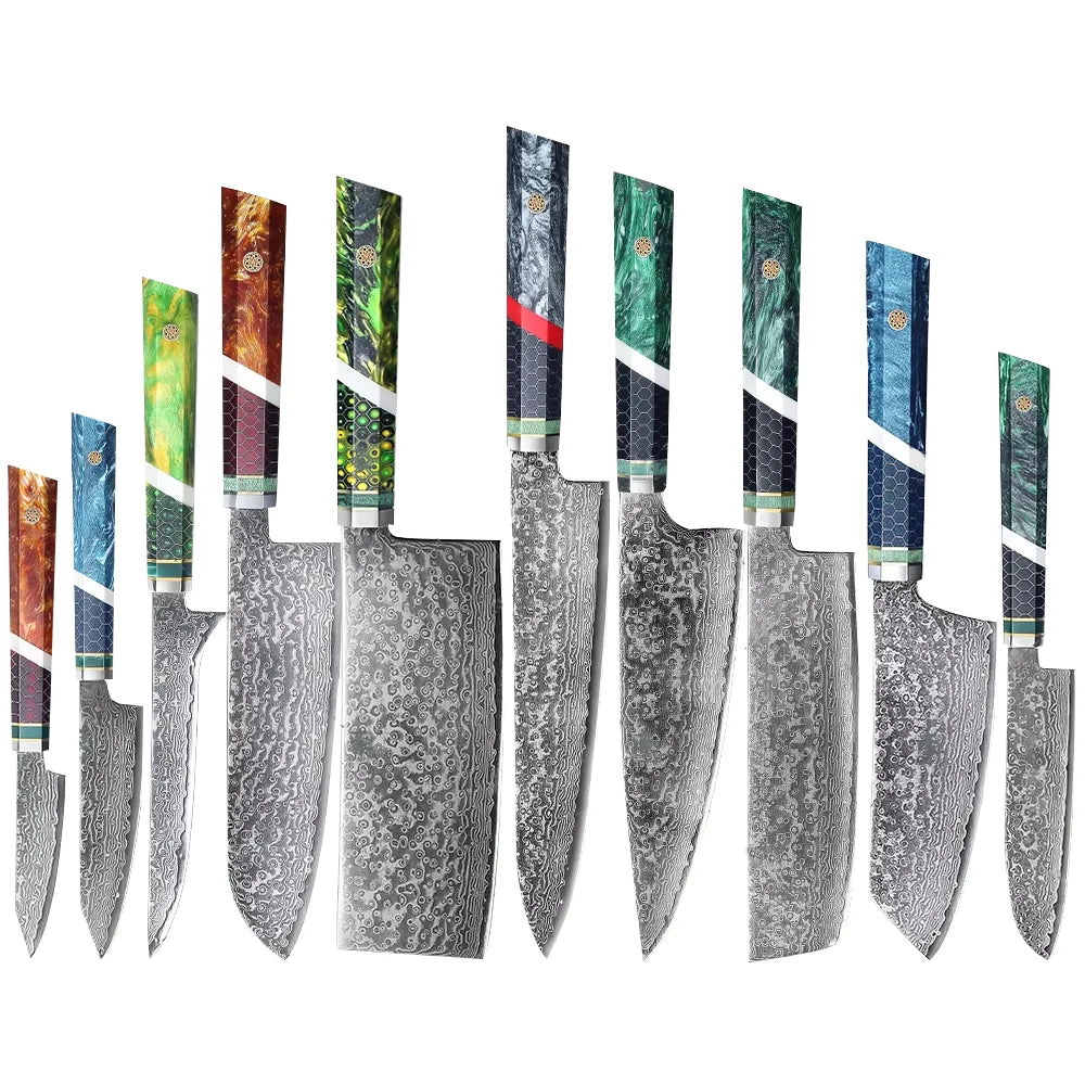 Factory Low MOQ 9-pcs Knife Set 67 Layers Damascus Steel VG10 Kitchen Knife Set with Colorful Composited Resin Handle