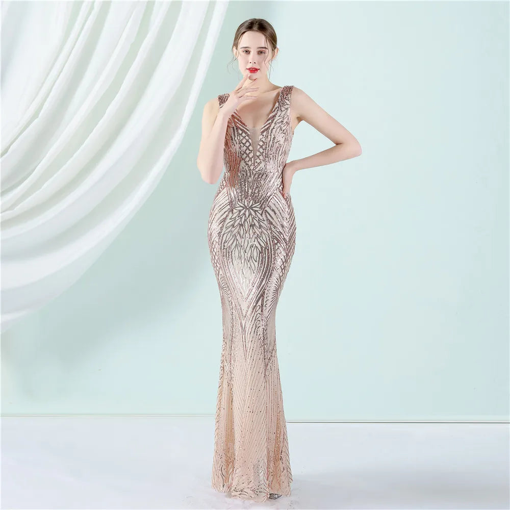 18832# New Positioning Floral Beads Banquet Elegance Long Sequin Fishtail Dress