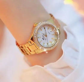 BS Brand Full Diamond Case Fashion Quartz Charm Luxury Watch Ladies Stainless Steel Alloy Gold Silver Quartz Watch