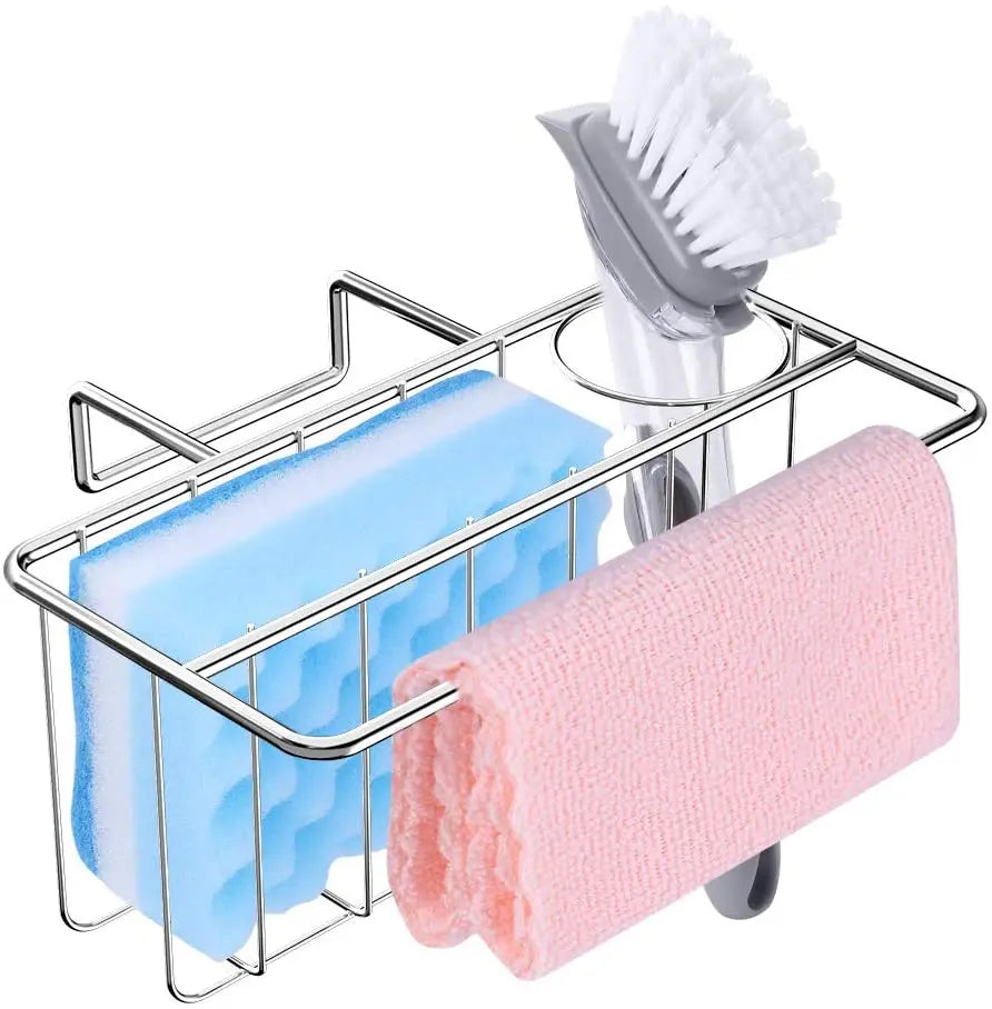 Sponge Holder for Kitchen Sink 3-in-1 Sink Caddy Brush Dish Towel Sink Organizer Liquid Drainer Rack-Stainless Steel Non-Folding