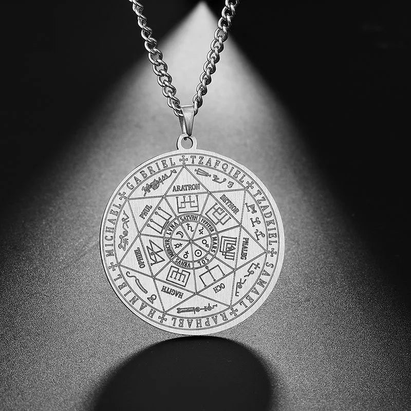 Fashion Stainless Steel Religion Totem Angel Seal Pendant Necklace Personalized Hexagram Viking Runes Men's Necklace
