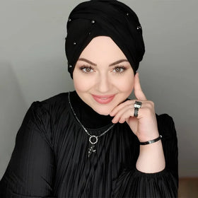 Pearl Plain Muslim Hijab Women Solid Islamic Instant Turban Black Modal 4-5 Wearing Methods Classic Style