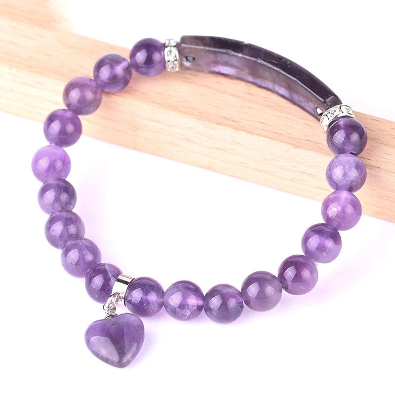Natural Colored 8mm Crystal Beaded Bracelet Heart Pendant Bracelet Yellow Tiger Eye Bracelet