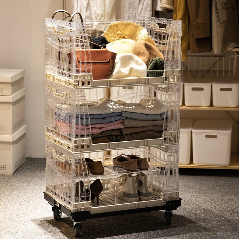 SHIMOYAMA Large Volume Stackable Storage Basket Industrial Style Collapsible Plastic Foldable Storage Box with Moving Trolley
